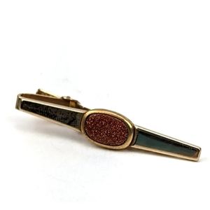 Vintage 1940's Anson Signed Tie Bar Clip Red Lucite Cabochon Gold Tone 2"